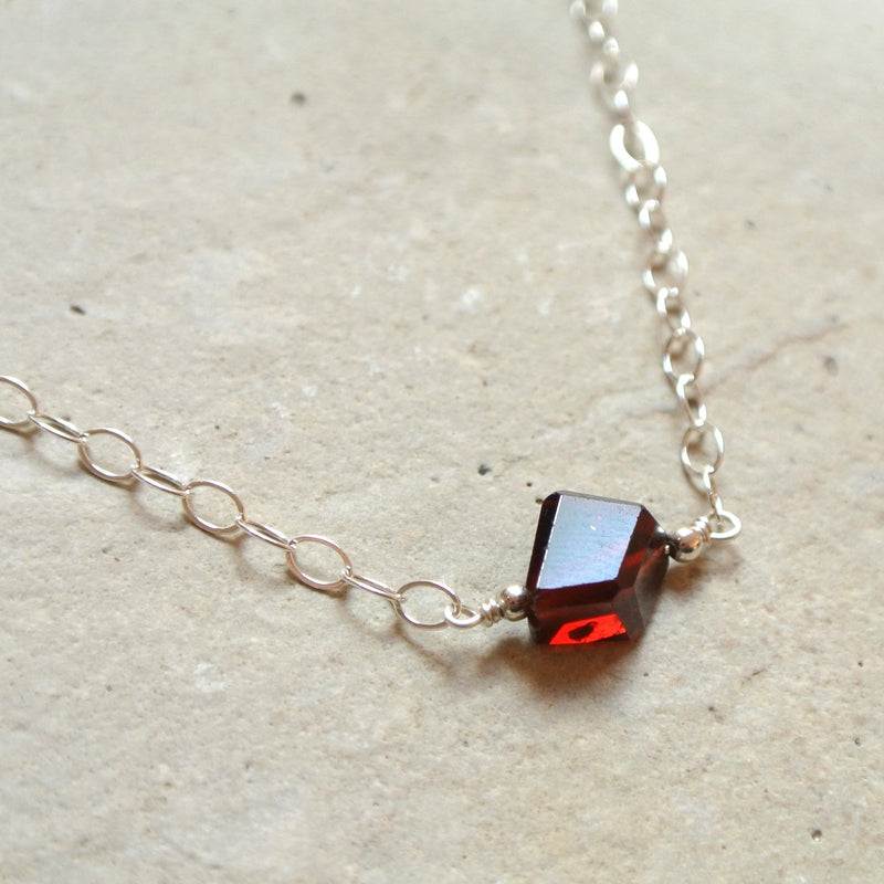 Red Garnet Gemstone Bar Gold Filled Necklace - 16